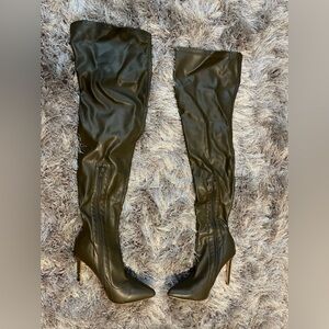 Thigh high green olive heeled boots